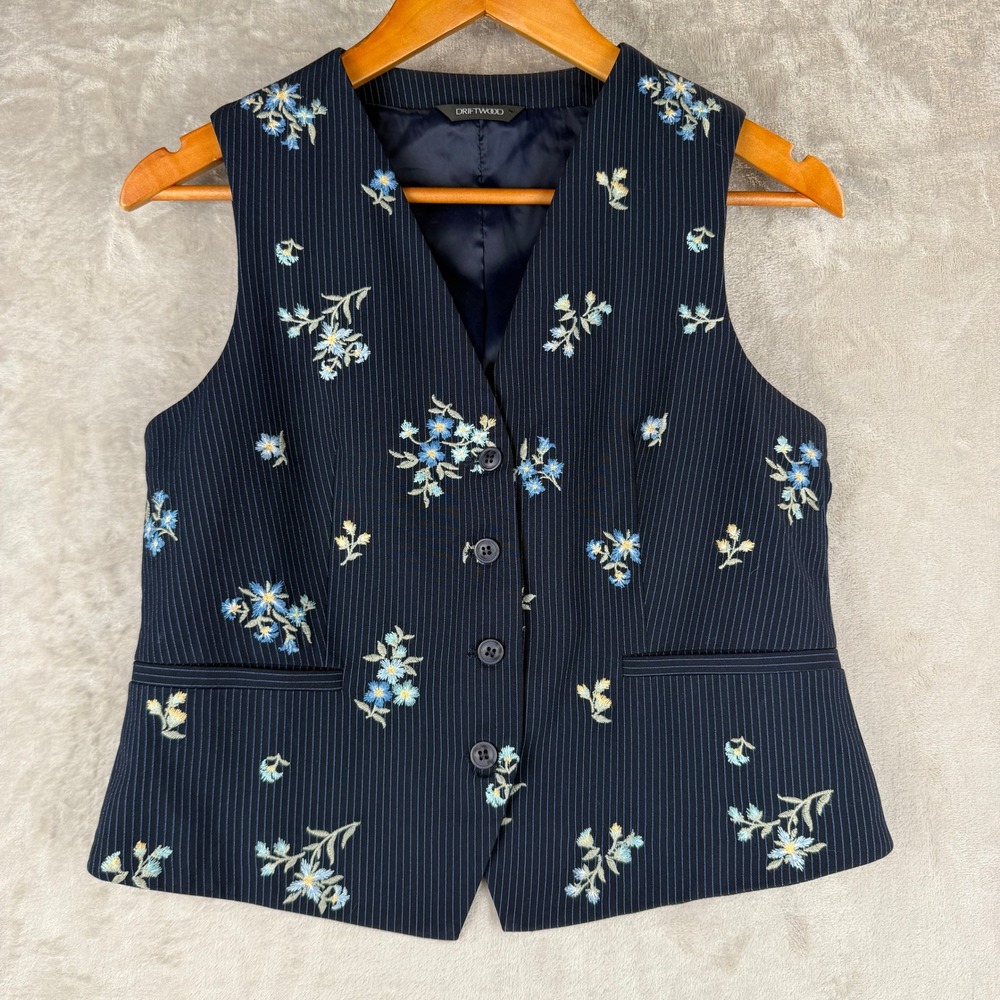 Driftwood Women Navy Blue Pinstripe Floral Embroidered Button Front Vest Small